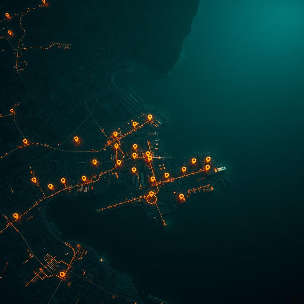 Dark aerial map with amber location pins
